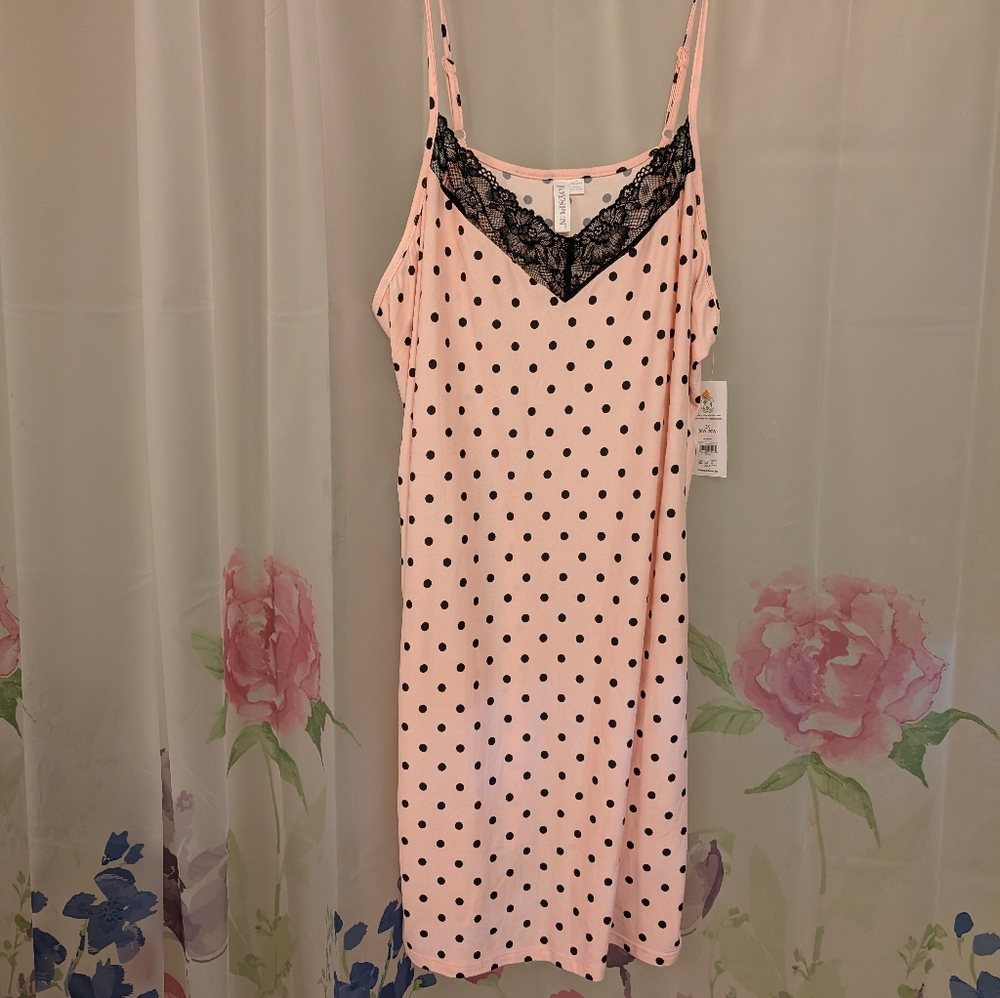 Pink Polka Dot Nightgown New with Black Lace Trim